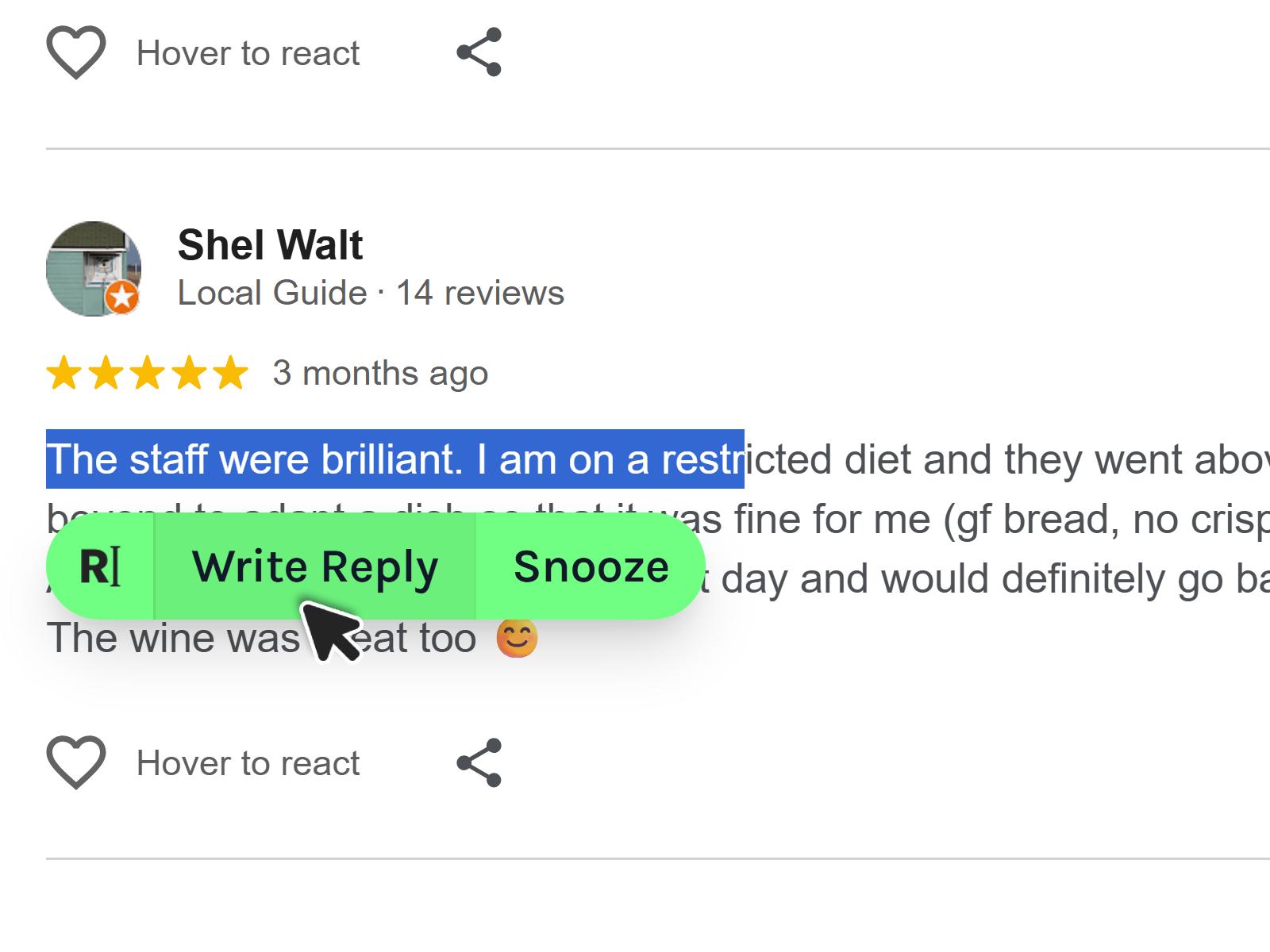Highlight review text on a page to reveal the Replylight Write Reply button