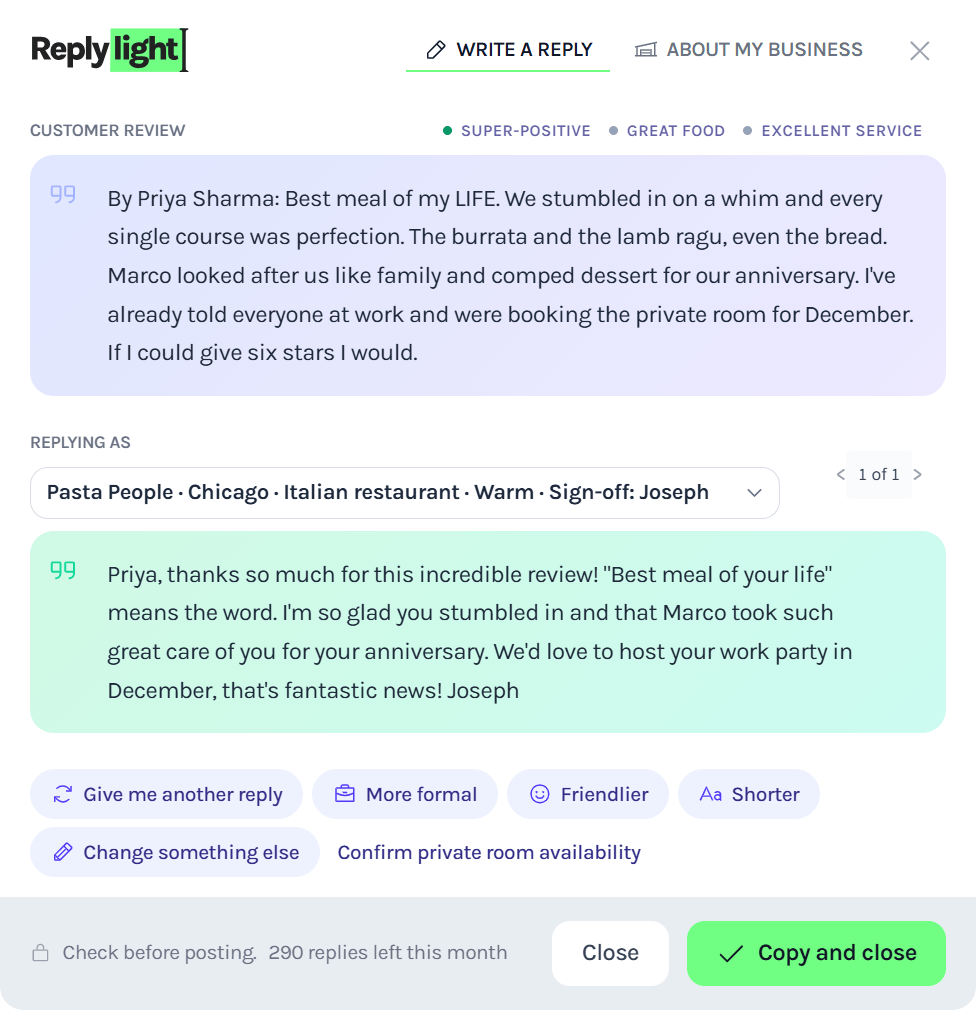 Replylight modal showing a customer review, generated reply, and refinement options