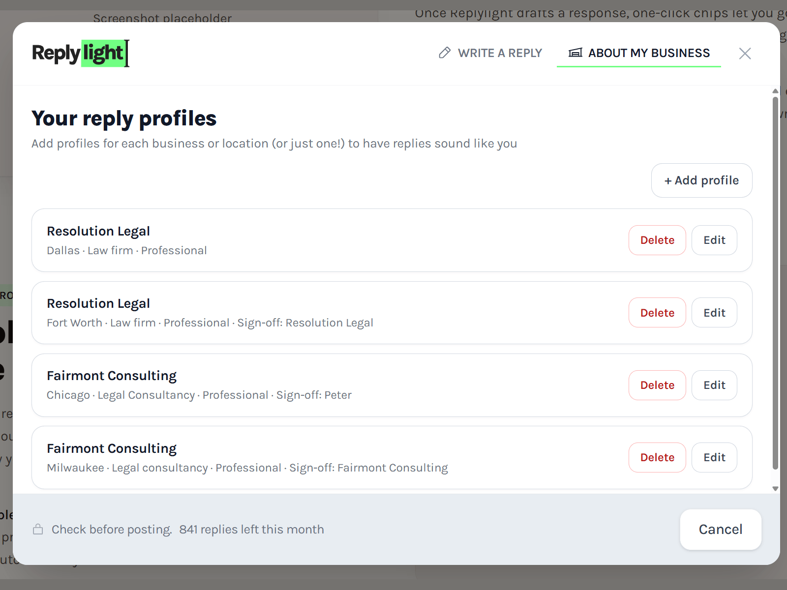 Replylight reply profiles for switching between different businesses, tones, and sign-offs